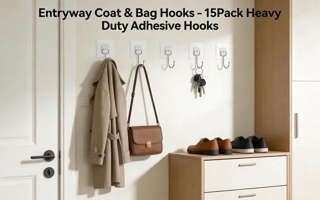 Alt view image 5 of 7 - 15-Pack Large Adhesive Hooks Heavy Duty 33 lbs - Transparent Waterproof Wall Hooks for Towels & Robes, No Damage