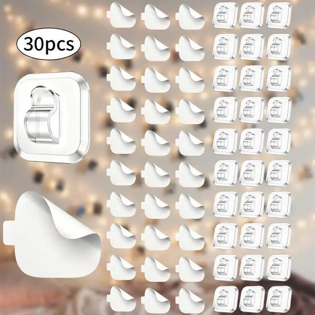 Alt view image 6 of 7 - 30-Pack Clear Small Adhesive Hooks for Damage-Free Hanging of Lights & Decorations