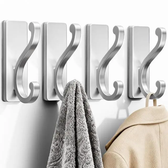 Main image of 4 Pack Coat Hooks, Silver Self Adhesive Hooks Wall Mount.