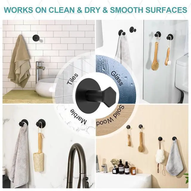 Alt view image 2 of 7 - Black Towel Hooks for Hanging, Self Adhesive Hooks for Bathroom, SUS304 Stainless Steel Stick on Wall Hooks for Hanging Robe, Brushes, Waterproof Sticky Coat Hooks, No Nails, 4 Pack