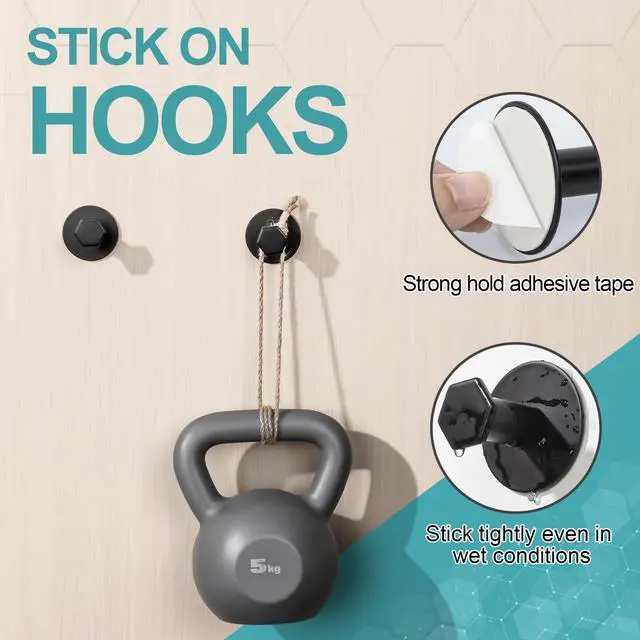 Alt view image 5 of 7 - Black Towel Hooks for Hanging, Self Adhesive Hooks for Bathroom, SUS304 Stainless Steel Stick on Wall Hooks for Hanging Robe, Brushes, Waterproof Sticky Coat Hooks, No Nails, 4 Pack