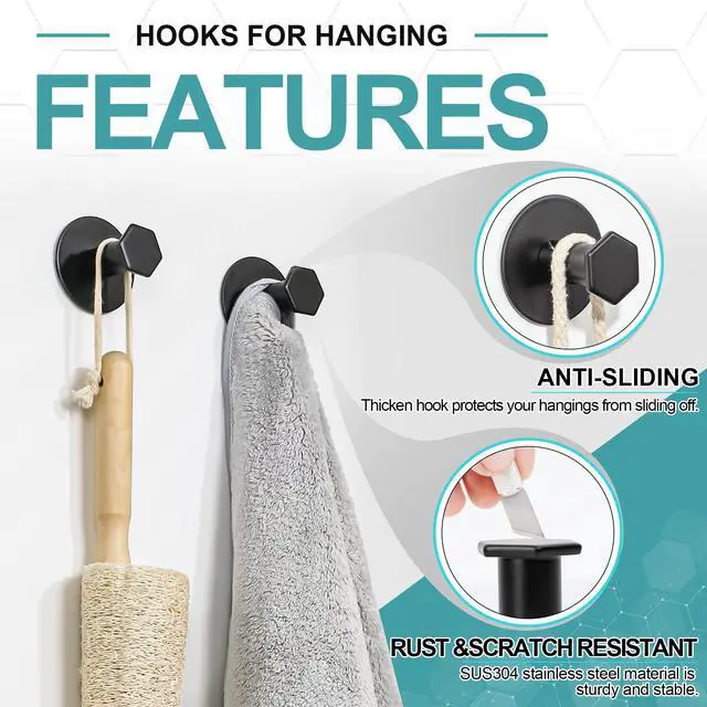 Alt view image 6 of 7 - Black Towel Hooks for Hanging, Self Adhesive Hooks for Bathroom, SUS304 Stainless Steel Stick on Wall Hooks for Hanging Robe, Brushes, Waterproof Sticky Coat Hooks, No Nails, 4 Pack