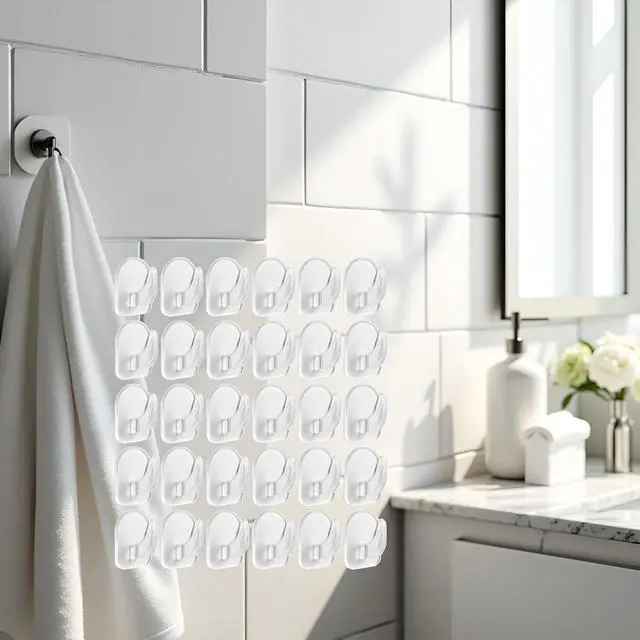 Alt view image 3 of 7 - 20-Pack Invisible Adhesive Hooks - Heavy Duty Clear Wall Hangers for Bathroom/Kitchen Organization, Damage-Free Removable Hooks for Towels, Utensils and Decor