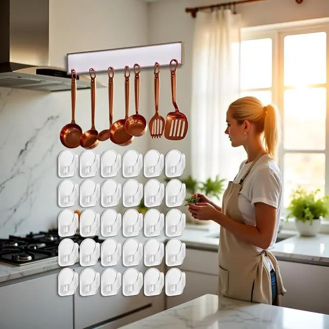 Alt view image 5 of 7 - 20-Pack Invisible Adhesive Hooks - Heavy Duty Clear Wall Hangers for Bathroom/Kitchen Organization, Damage-Free Removable Hooks for Towels, Utensils and Decor