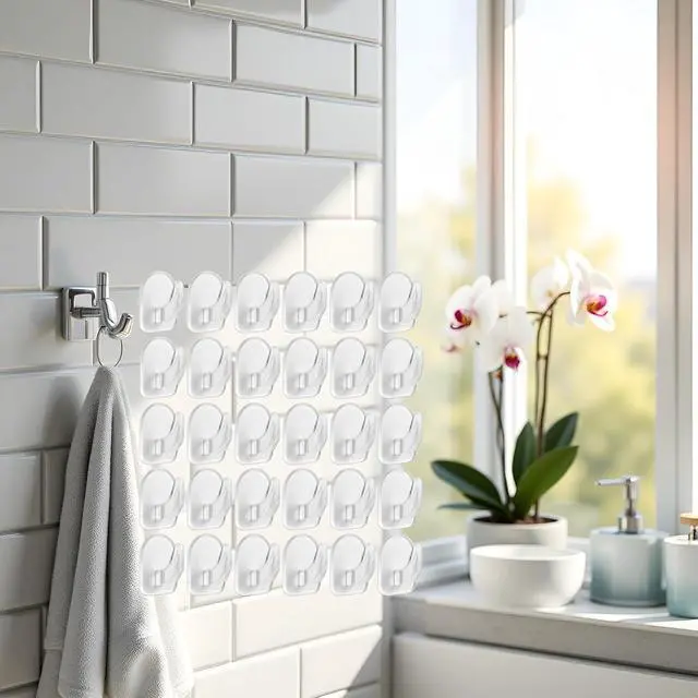 Alt view image 6 of 7 - 20-Pack Invisible Adhesive Hooks - Heavy Duty Clear Wall Hangers for Bathroom/Kitchen Organization, Damage-Free Removable Hooks for Towels, Utensils and Decor