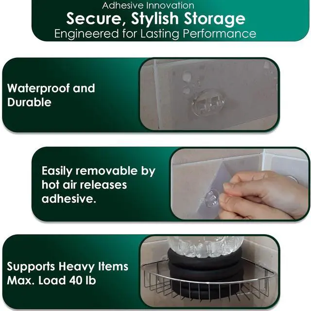 Alt view image 3 of 7 - Shower Caddy Adhesive Replacement Stickers Sticker Shelf Basket Strips Suction Hooks Large Strong Hook for Bathroom Storage Corner Transparent Shelves Wall Mount (Transparent - 2 Packs)
