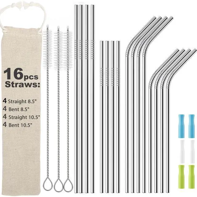 Main image of 16 Pack Reusable Stainless Steel Metal Straws for Tumblers, 8pcs 8.5" + 8pcs10.5", Comes with 6 Silicone Tips, 3 Cleaning Brushes & Storage Pouch, BPA Free Drinking Straws