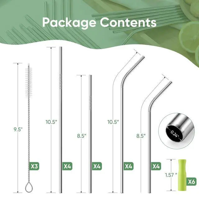 Alt view image 2 of 7 - 16 Pack Reusable Stainless Steel Metal Straws for Tumblers, 8pcs 8.5" + 8pcs10.5", Comes with 6 Silicone Tips, 3 Cleaning Brushes & Storage Pouch, BPA Free Drinking Straws