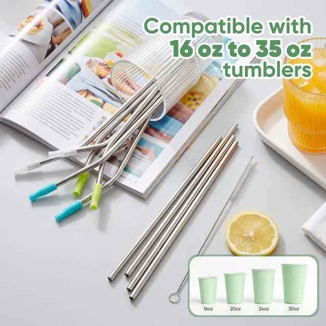 Alt view image 3 of 7 - 16 Pack Reusable Stainless Steel Metal Straws for Tumblers, 8pcs 8.5" + 8pcs10.5", Comes with 6 Silicone Tips, 3 Cleaning Brushes & Storage Pouch, BPA Free Drinking Straws