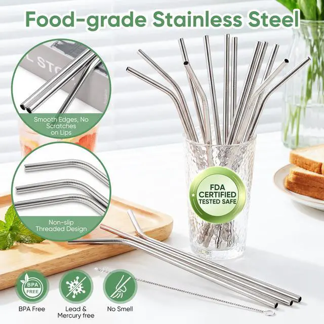 Alt view image 4 of 7 - 16 Pack Reusable Stainless Steel Metal Straws for Tumblers, 8pcs 8.5" + 8pcs10.5", Comes with 6 Silicone Tips, 3 Cleaning Brushes & Storage Pouch, BPA Free Drinking Straws