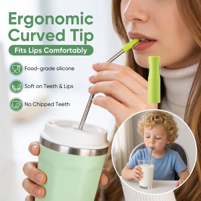 Alt view image 5 of 7 - 16 Pack Reusable Stainless Steel Metal Straws for Tumblers, 8pcs 8.5" + 8pcs10.5", Comes with 6 Silicone Tips, 3 Cleaning Brushes & Storage Pouch, BPA Free Drinking Straws