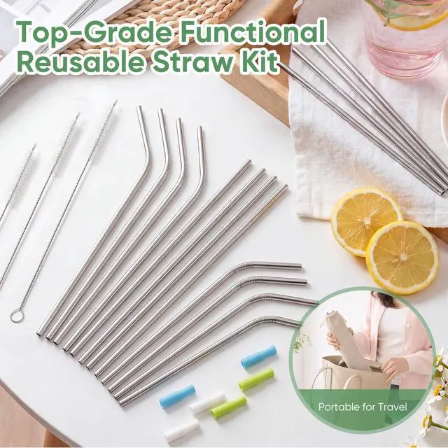 Alt view image 7 of 7 - 16 Pack Reusable Stainless Steel Metal Straws for Tumblers, 8pcs 8.5" + 8pcs10.5", Comes with 6 Silicone Tips, 3 Cleaning Brushes & Storage Pouch, BPA Free Drinking Straws