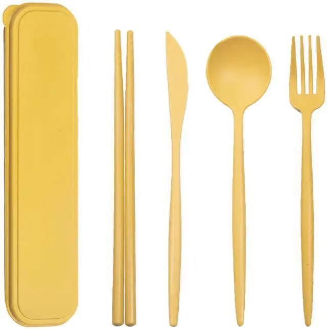 Main image of Reusable Travel Utensils Set with Case, Wheat Straw Portable Plastic Fork Spoon Knife Chopsticks Camping Cutlery, Eco-Friendly BPA Free Tableware Picnic Flatware for Kids Adults or Daily Use (Yellow)