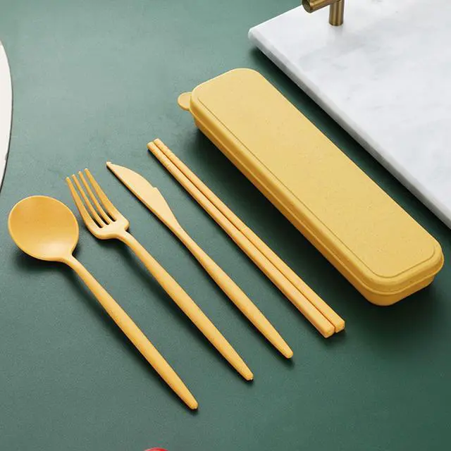 Alt view image 3 of 7 - Reusable Travel Utensils Set with Case, Wheat Straw Portable Plastic Fork Spoon Knife Chopsticks Camping Cutlery, Eco-Friendly BPA Free Tableware Picnic Flatware for Kids Adults or Daily Use (Yellow)