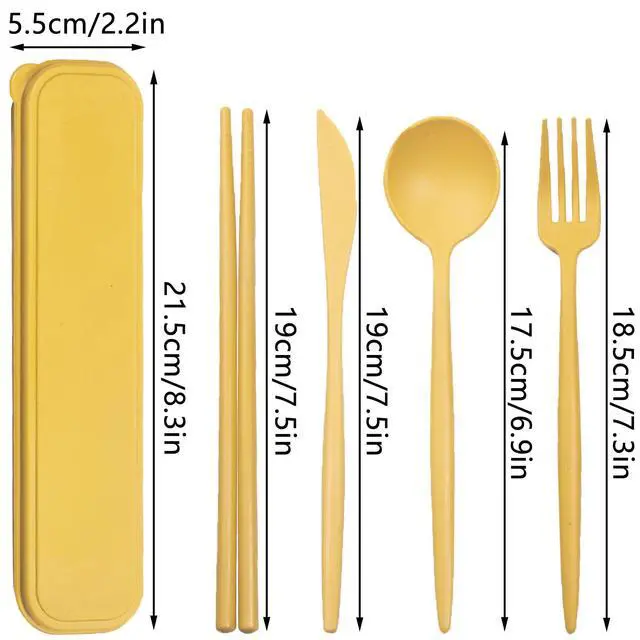 Alt view image 2 of 7 - Reusable Travel Utensils Set with Case, Wheat Straw Portable Plastic Fork Spoon Knife Chopsticks Camping Cutlery, Eco-Friendly BPA Free Tableware Picnic Flatware for Kids Adults or Daily Use (Yellow)