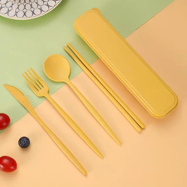 Alt view image 4 of 7 - Reusable Travel Utensils Set with Case, Wheat Straw Portable Plastic Fork Spoon Knife Chopsticks Camping Cutlery, Eco-Friendly BPA Free Tableware Picnic Flatware for Kids Adults or Daily Use (Yellow)
