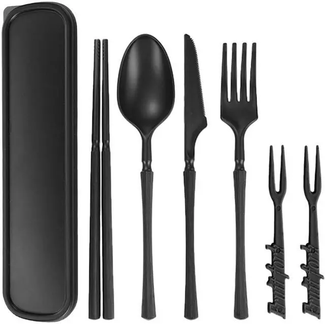 Main image of Reusable Travel Utensils Set with Case, Portable Wheat Straw Cutlery Including Knife Fork Spoon Chopsticks, Eco-Friendly BPA Free Tableware for Camping Picnic Lunch and Daily Use (Black)