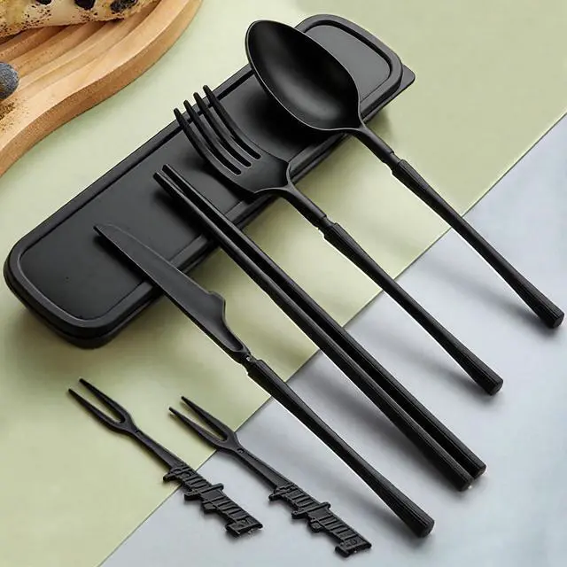 Alt view image 3 of 7 - Reusable Travel Utensils Set with Case, Portable Wheat Straw Cutlery Including Knife Fork Spoon Chopsticks, Eco-Friendly BPA Free Tableware for Camping Picnic Lunch and Daily Use (Black)