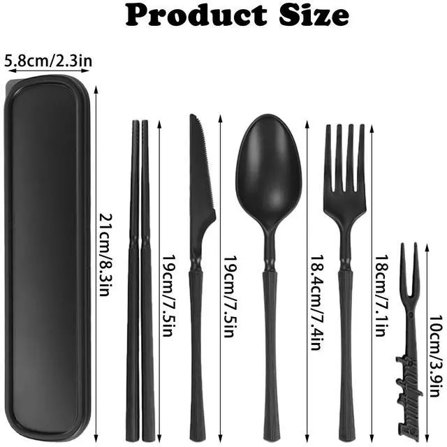 Alt view image 2 of 7 - Reusable Travel Utensils Set with Case, Portable Wheat Straw Cutlery Including Knife Fork Spoon Chopsticks, Eco-Friendly BPA Free Tableware for Camping Picnic Lunch and Daily Use (Black)
