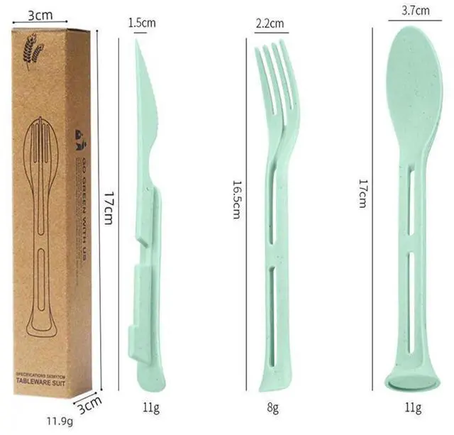 Alt view image 2 of 7 - 3PCS Wheat Straw Cutlery, Reusable Utensils Set Portable Travel 3 in 1 Spoon Fork Knife Tableware, Eco-Friendly, BPA Free, Flatware for Kids Adults, Travel Picnic Camping (Green)