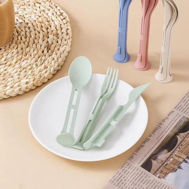Alt view image 3 of 7 - 3PCS Wheat Straw Cutlery, Reusable Utensils Set Portable Travel 3 in 1 Spoon Fork Knife Tableware, Eco-Friendly, BPA Free, Flatware for Kids Adults, Travel Picnic Camping (Green)