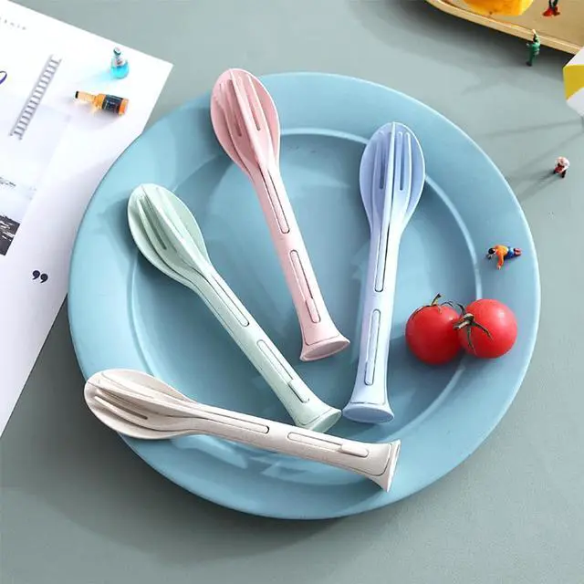 Alt view image 5 of 7 - 3PCS Wheat Straw Cutlery, Reusable Utensils Set Portable Travel 3 in 1 Spoon Fork Knife Tableware, Eco-Friendly, BPA Free, Flatware for Kids Adults, Travel Picnic Camping (Green)