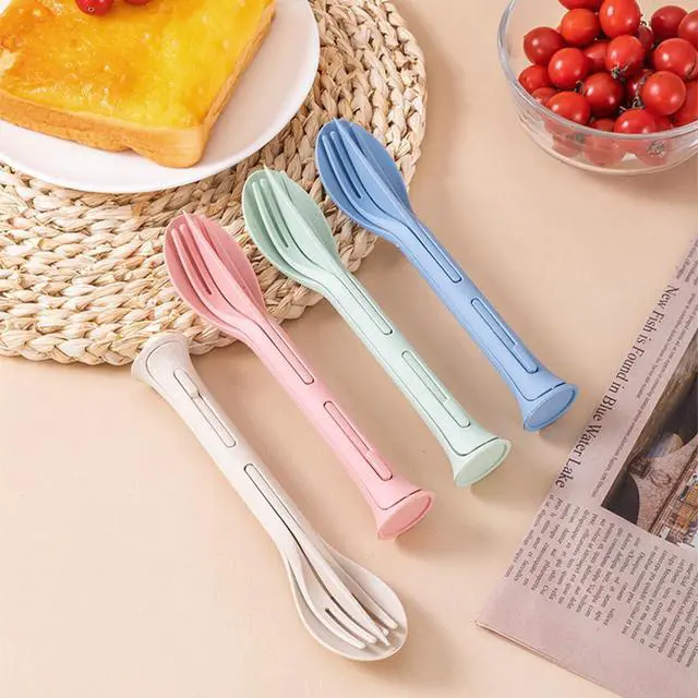 Alt view image 6 of 7 - 3PCS Wheat Straw Cutlery, Reusable Utensils Set Portable Travel 3 in 1 Spoon Fork Knife Tableware, Eco-Friendly, BPA Free, Flatware for Kids Adults, Travel Picnic Camping (Green)