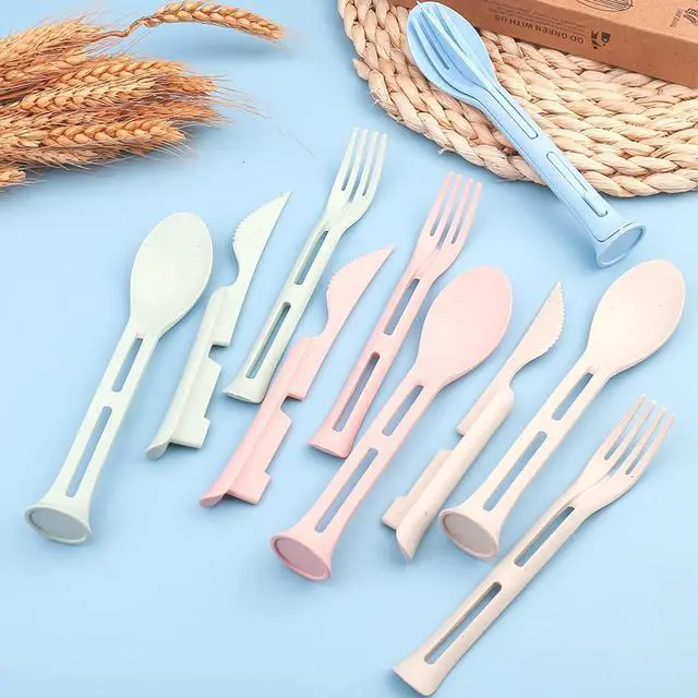 Alt view image 7 of 7 - 3PCS Wheat Straw Cutlery, Reusable Utensils Set Portable Travel 3 in 1 Spoon Fork Knife Tableware, Eco-Friendly, BPA Free, Flatware for Kids Adults, Travel Picnic Camping (Green)