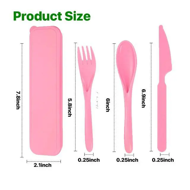 Alt view image 2 of 7 - Travel Utensils with Case, Camping Utensil Sets, Wheat Straw Portable Knife Fork Spoons Tableware, Reusable Utensils for Lunch Box (Pink)