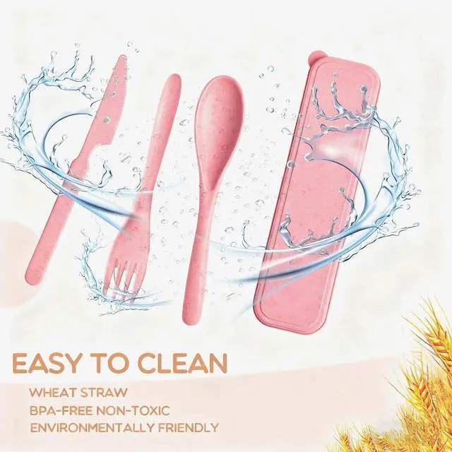 Alt view image 3 of 7 - Travel Utensils with Case, Camping Utensil Sets, Wheat Straw Portable Knife Fork Spoons Tableware, Reusable Utensils for Lunch Box (Pink)