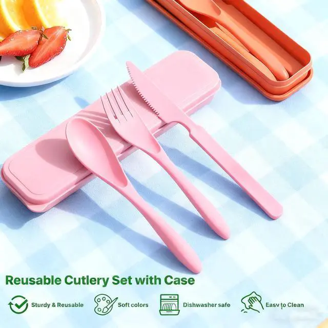 Alt view image 4 of 7 - Travel Utensils with Case, Camping Utensil Sets, Wheat Straw Portable Knife Fork Spoons Tableware, Reusable Utensils for Lunch Box (Pink)