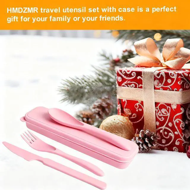 Alt view image 6 of 7 - Travel Utensils with Case, Camping Utensil Sets, Wheat Straw Portable Knife Fork Spoons Tableware, Reusable Utensils for Lunch Box (Pink)