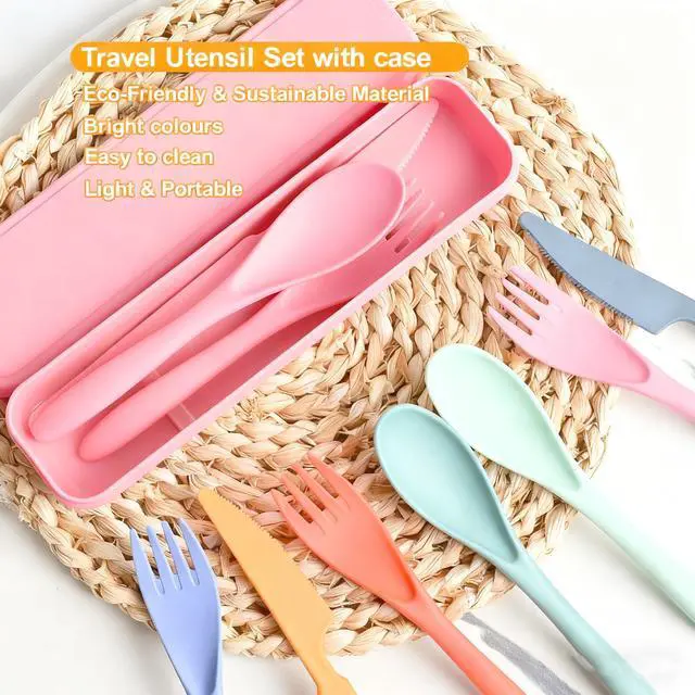 Alt view image 5 of 7 - Travel Utensils with Case, Camping Utensil Sets, Wheat Straw Portable Knife Fork Spoons Tableware, Reusable Utensils for Lunch Box (Pink)