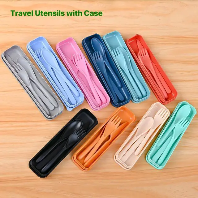 Alt view image 7 of 7 - Travel Utensils with Case, Camping Utensil Sets, Wheat Straw Portable Knife Fork Spoons Tableware, Reusable Utensils for Lunch Box (Pink)