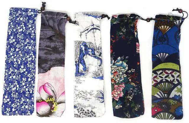 Main image of 5PCS Portable Reusable Straw Carrying Case - Canvas - Mixed Patterns - Travel Bag for Various Straws, Cleaning Brush and Cutlery