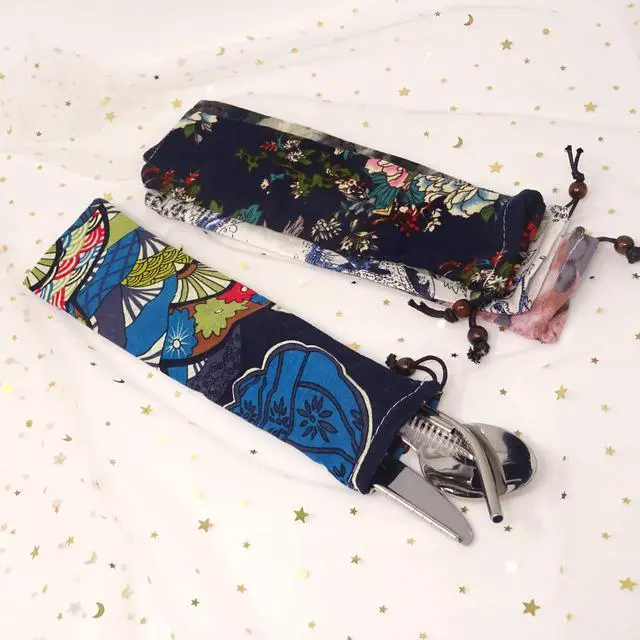 Alt view image 4 of 7 - 5PCS Portable Reusable Straw Carrying Case - Canvas - Mixed Patterns - Travel Bag for Various Straws, Cleaning Brush and Cutlery