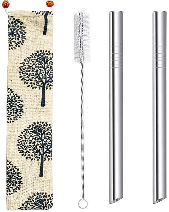 Main image of Reusable Boba Straws Extra Wide 12mm Bubble Tea Smoothie Milkshakes Jumbo Slushy Straws Angled Tip Stainless Steel Metal Drinking Straw with Carry Bag Cleanning Brush Silver 2PCS