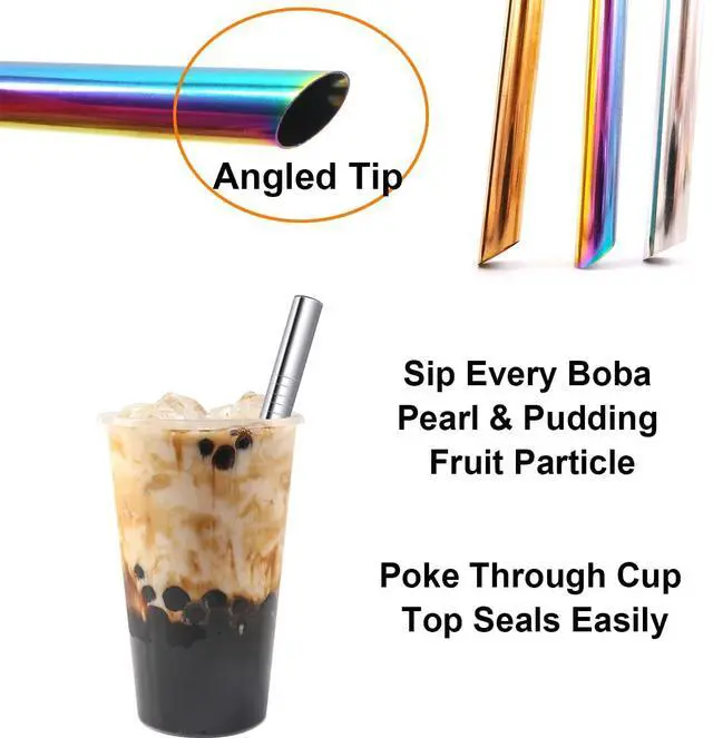 Alt view image 3 of 7 - Reusable Boba Straws Extra Wide 12mm Bubble Tea Smoothie Milkshakes Jumbo Slushy Straws Angled Tip Stainless Steel Metal Drinking Straw with Carry Bag Cleanning Brush Silver 2PCS