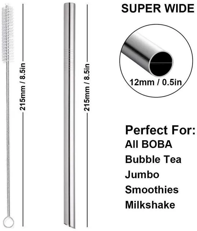 Alt view image 2 of 7 - Reusable Boba Straws Extra Wide 12mm Bubble Tea Smoothie Milkshakes Jumbo Slushy Straws Angled Tip Stainless Steel Metal Drinking Straw with Carry Bag Cleanning Brush Silver 2PCS