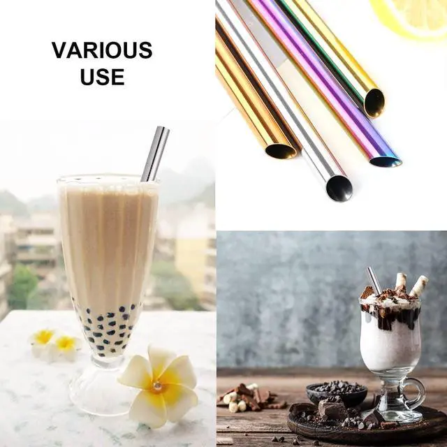 Alt view image 5 of 7 - Reusable Boba Straws Extra Wide 12mm Bubble Tea Smoothie Milkshakes Jumbo Slushy Straws Angled Tip Stainless Steel Metal Drinking Straw with Carry Bag Cleanning Brush Silver 2PCS
