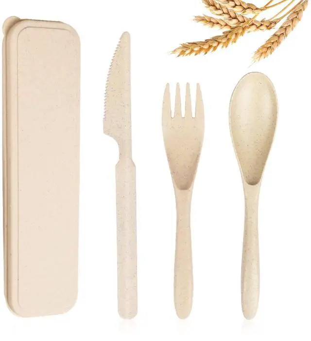 Main image of Reusable Travel Utensils Set with Case, Beige Wheat Straw Portable Knife Fork Spoons Tableware, Eco-Friendly BPA Free Cutlery for Kids and Adults as Travel Picnic Camping Utensils