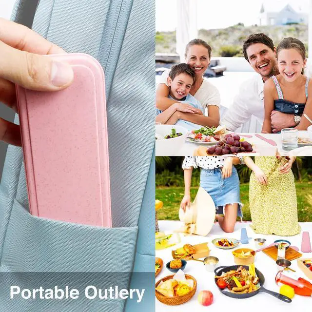 Alt view image 3 of 7 - Reusable Travel Utensils Set with Case, Beige Wheat Straw Portable Knife Fork Spoons Tableware, Eco-Friendly BPA Free Cutlery for Kids and Adults as Travel Picnic Camping Utensils