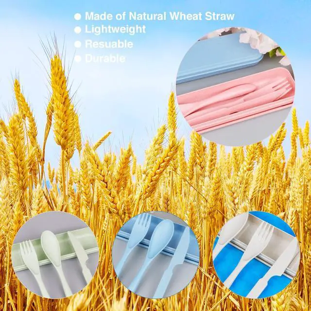 Alt view image 5 of 7 - Reusable Travel Utensils Set with Case, Beige Wheat Straw Portable Knife Fork Spoons Tableware, Eco-Friendly BPA Free Cutlery for Kids and Adults as Travel Picnic Camping Utensils