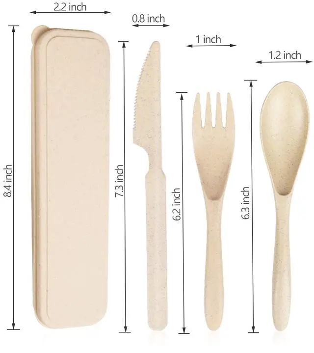Alt view image 7 of 7 - Reusable Travel Utensils Set with Case, Beige Wheat Straw Portable Knife Fork Spoons Tableware, Eco-Friendly BPA Free Cutlery for Kids and Adults as Travel Picnic Camping Utensils