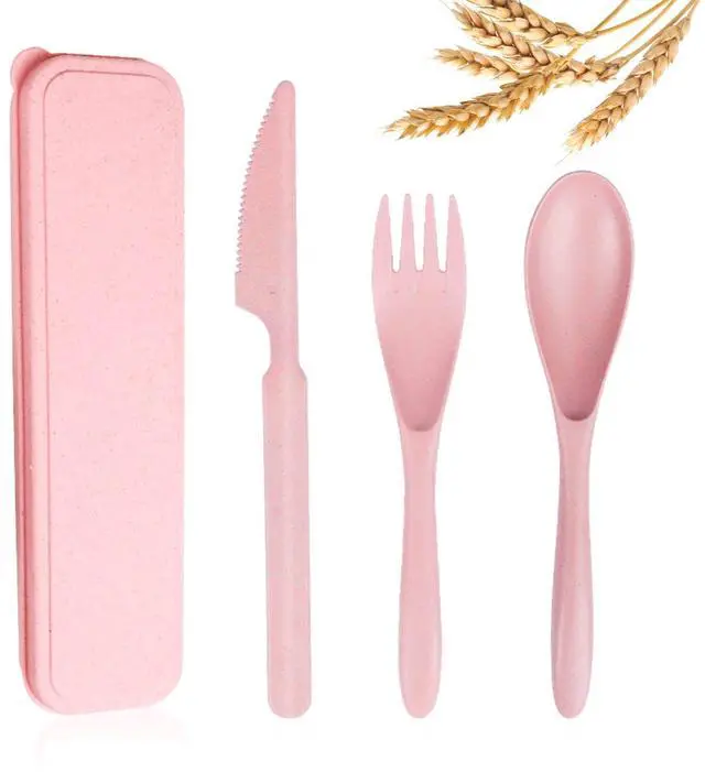 Main image of Reusable Travel Utensils Set with Case, Pink Wheat Straw Portable Knife Fork Spoons Tableware, Eco-Friendly BPA Free Cutlery for Kids and Adults as Travel Picnic Camping Utensils