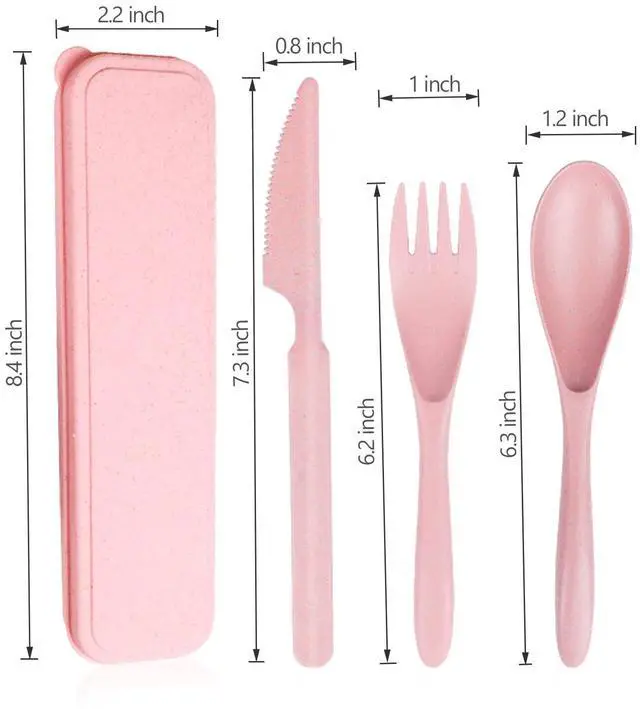 Alt view image 7 of 7 - Reusable Travel Utensils Set with Case, Pink Wheat Straw Portable Knife Fork Spoons Tableware, Eco-Friendly BPA Free Cutlery for Kids and Adults as Travel Picnic Camping Utensils