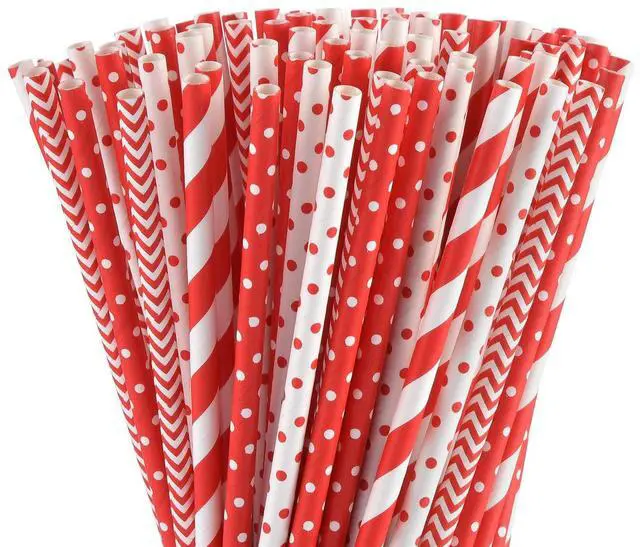 Main image of Biodegradable Red Paper Straws Bulk - 100 Dots/Stripes/Waves Straws for Beverage, Christmas, Holiday, Birthday, Wedding, Baby/Bridal Shower, Party and Decoration
