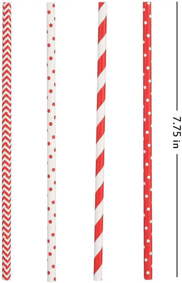 Alt view image 2 of 7 - Biodegradable Red Paper Straws Bulk - 100 Dots/Stripes/Waves Straws for Beverage, Christmas, Holiday, Birthday, Wedding, Baby/Bridal Shower, Party and Decoration