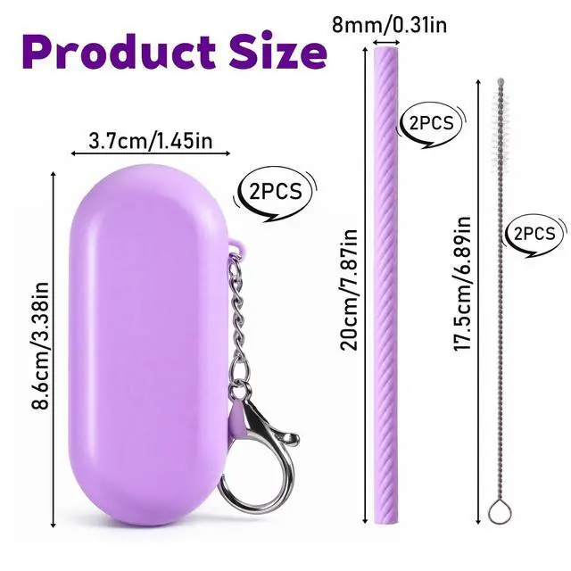 Alt view image 2 of 7 - 2 Set Travel Straws Portable Silicone Straws with Case,Reusable Straw with 2 Cleaning Brushes Foldable Straw + Deep Cleaning Brush + Carry Case with Keychain for Travel Party Cold or Hot
