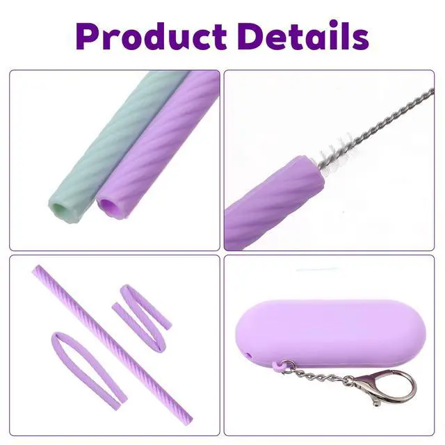 Alt view image 3 of 7 - 2 Set Travel Straws Portable Silicone Straws with Case,Reusable Straw with 2 Cleaning Brushes Foldable Straw + Deep Cleaning Brush + Carry Case with Keychain for Travel Party Cold or Hot